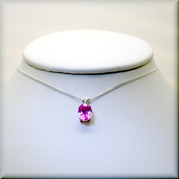 Oval Pink Sapphire Necklace - Sterling Silver Setting and Chain - Bonny Jewelry