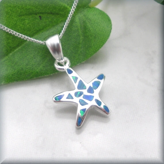 Blue Opal Starfish Necklace - Beach Jewelry -Sterling Silver