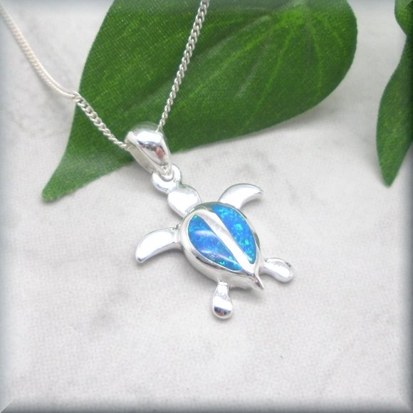 Blue opal sterling silver turtle necklace by Bonny Jewelry