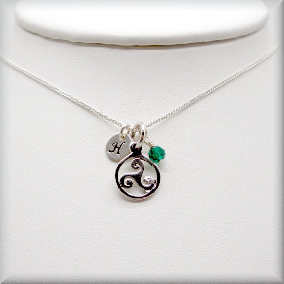 Triskele Birthstone Necklace - Personalized Triskelion Irish Jewelry - Bonny Jewelry