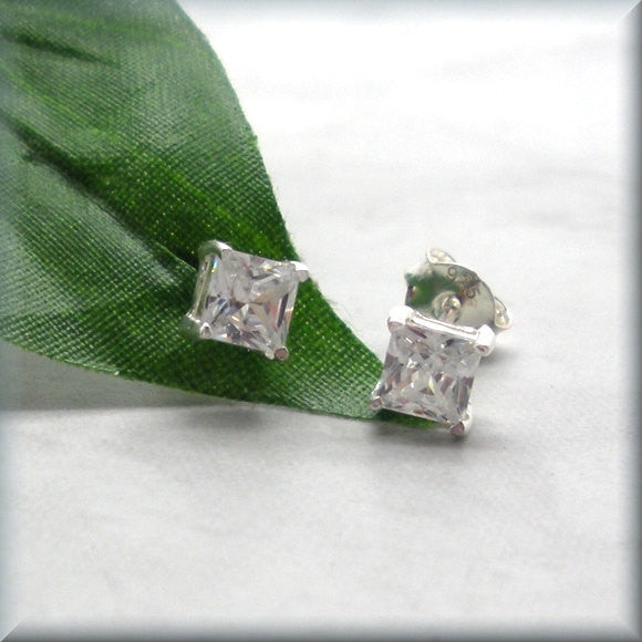 Tiny Square Cubic Zirconia Earrings - April Birthstone - Bonny Jewelry