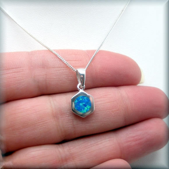 Blue Opal Hexagon Necklace - October Birthstone - Bonny Jewelry