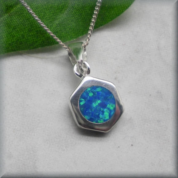 Blue Opal Hexagon Necklace - October Birthstone - Bonny Jewelry