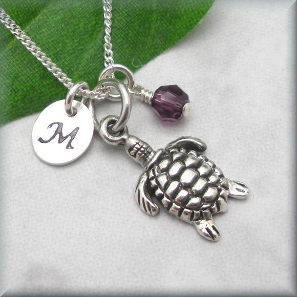 Sea Turtle Birthstone Necklace - Personalized - Beach Jewelry - Bonny Jewelry