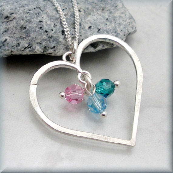 Hammered Heart Birthstone Necklace - Mothers Birthstone Jewelry