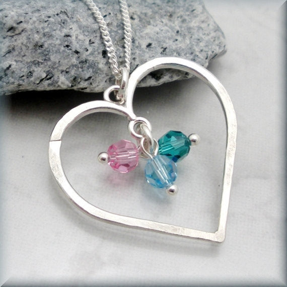 Hammered Heart Birthstone Necklace - Mothers Birthstone Jewelry - Bonny Jewelry