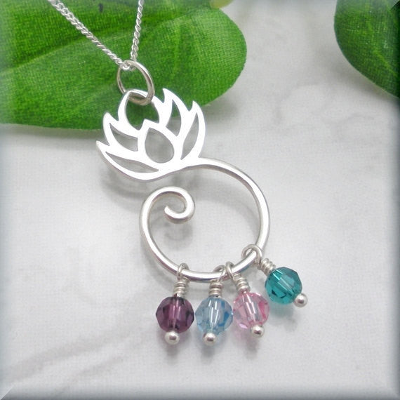 Lotus Flower Mothers Birthstone Necklace - Keepsake Family Jewelry