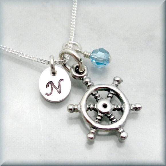 Captains Wheel Birthstone Necklace - Personalized Beach Jewelry