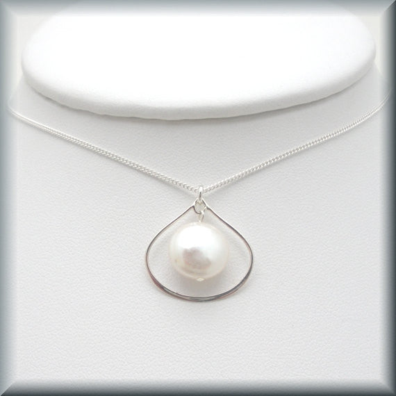 White Coin Pearl Necklace - June Birthstone Sterling Silver - Bonny Jewelry