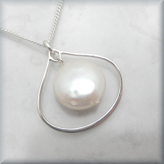 White Coin Pearl Necklace - June Birthstone Sterling Silver - Bonny Jewelry