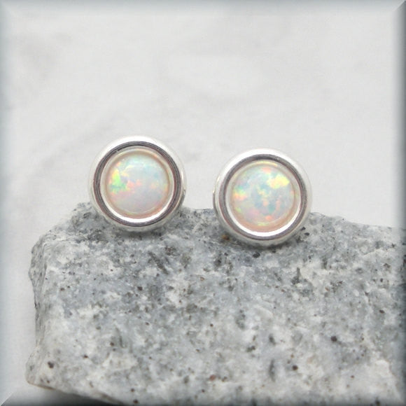 White Opal Cabochon Post Earrings - October Birthstone