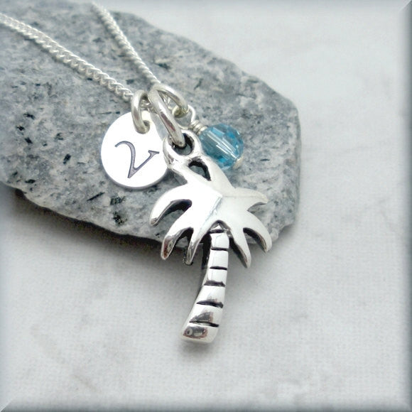 Palm Tree Birthstone Necklace - Personalized Beach Jewelry
