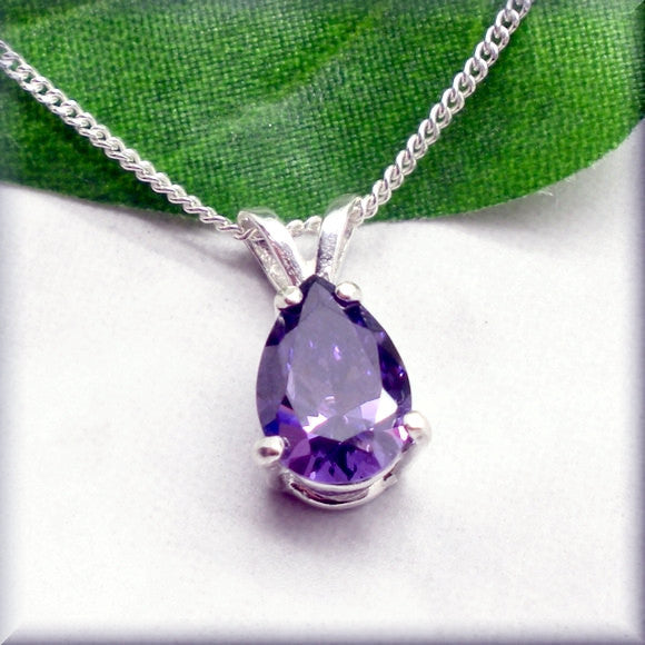 Purple Amethyst CZ Necklace - Pear Shaped - February Birthstone