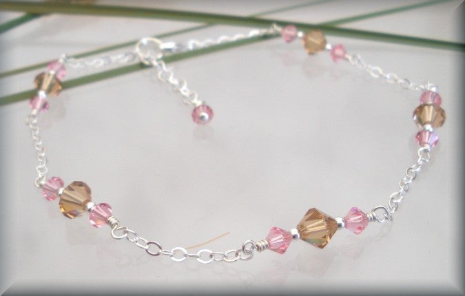 Light Rose and Light Colorado Topaz Swarovski Crystal Anklet Fits 9"-10" - Bonny Jewelry
