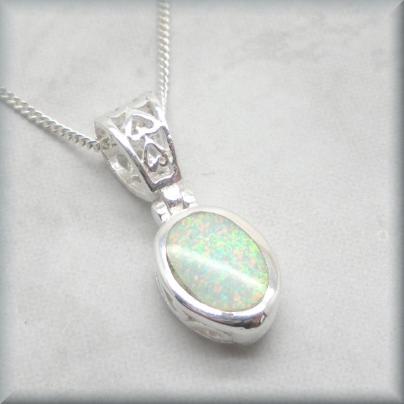 White Opal Filigree Necklace - October Birthstone Jewelry - Bonny Jewelry