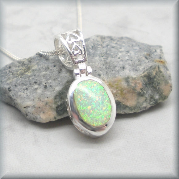White Opal Filigree Necklace - October Birthstone Jewelry - Bonny Jewelry